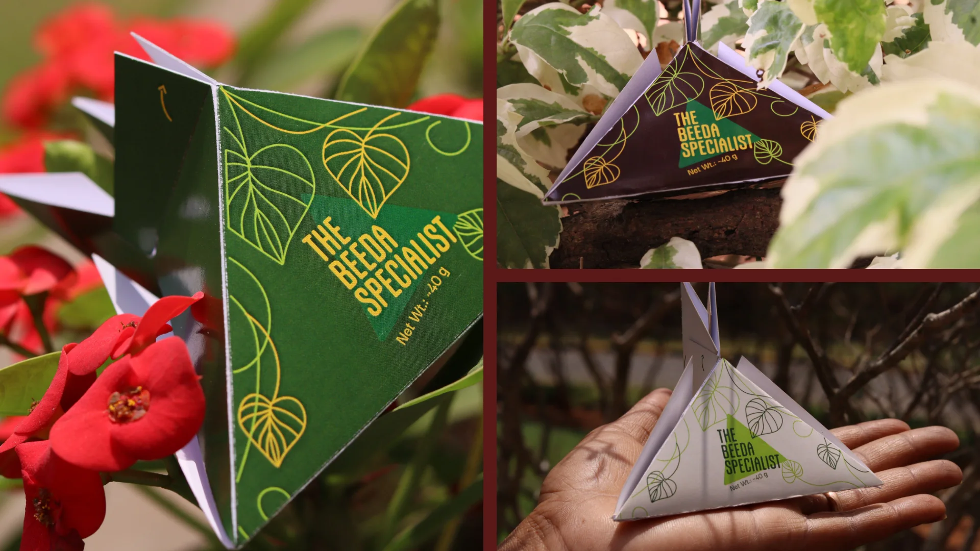 The green pack by red flowers, the maroon pack among leaves, and a pack held in an open hand