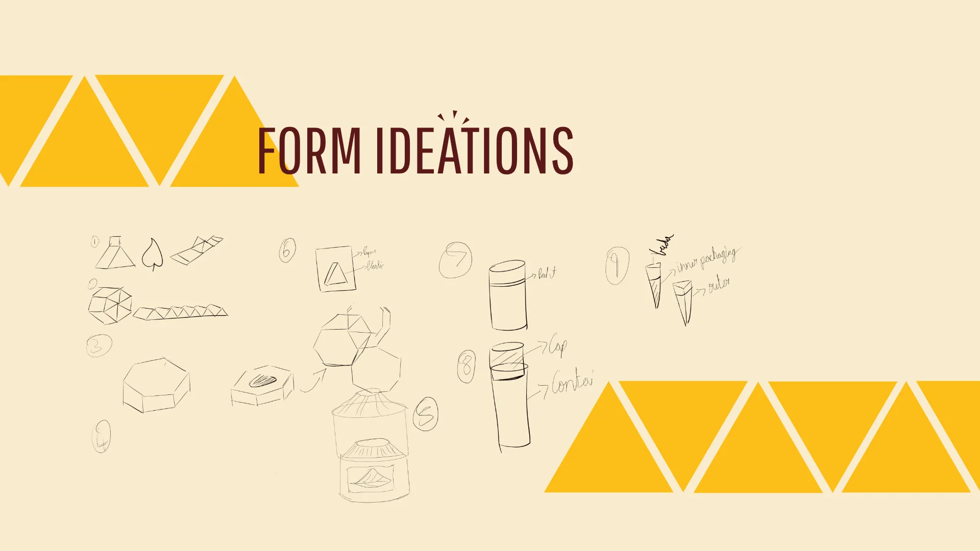 Pencil sketches of pyramid, cone, hexagonal and cup-shaped packaging ideas