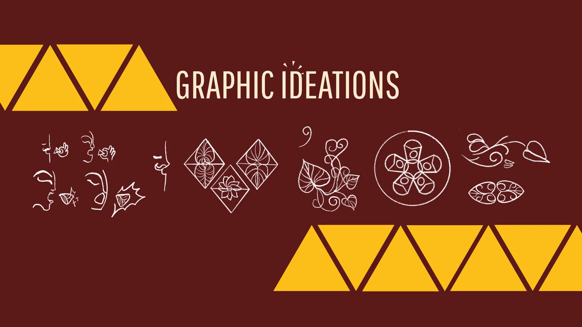 White line sketches of faces, leaves, vines and geometric leaf patterns on maroon