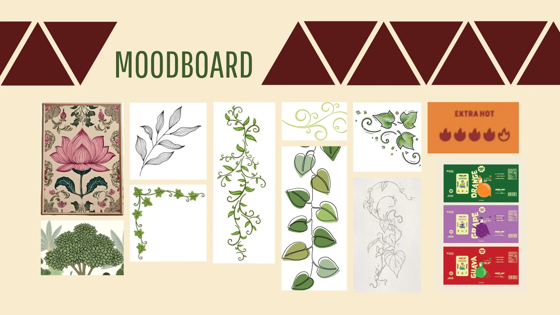 Moodboard of lotus and tree folk art, betel vine illustrations and colourful snack packs