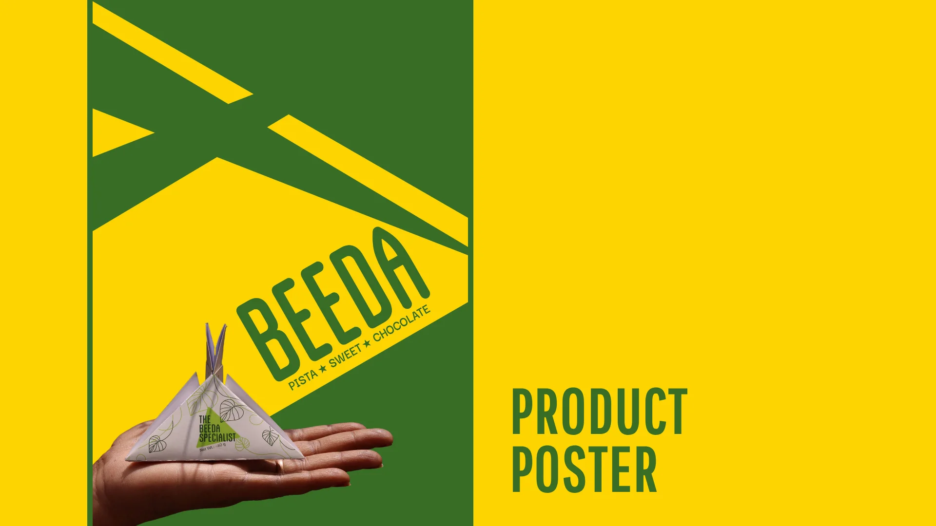 Product poster in yellow and green: BEEDA, Pista, Sweet, Chocolate, with a pack held in a hand
