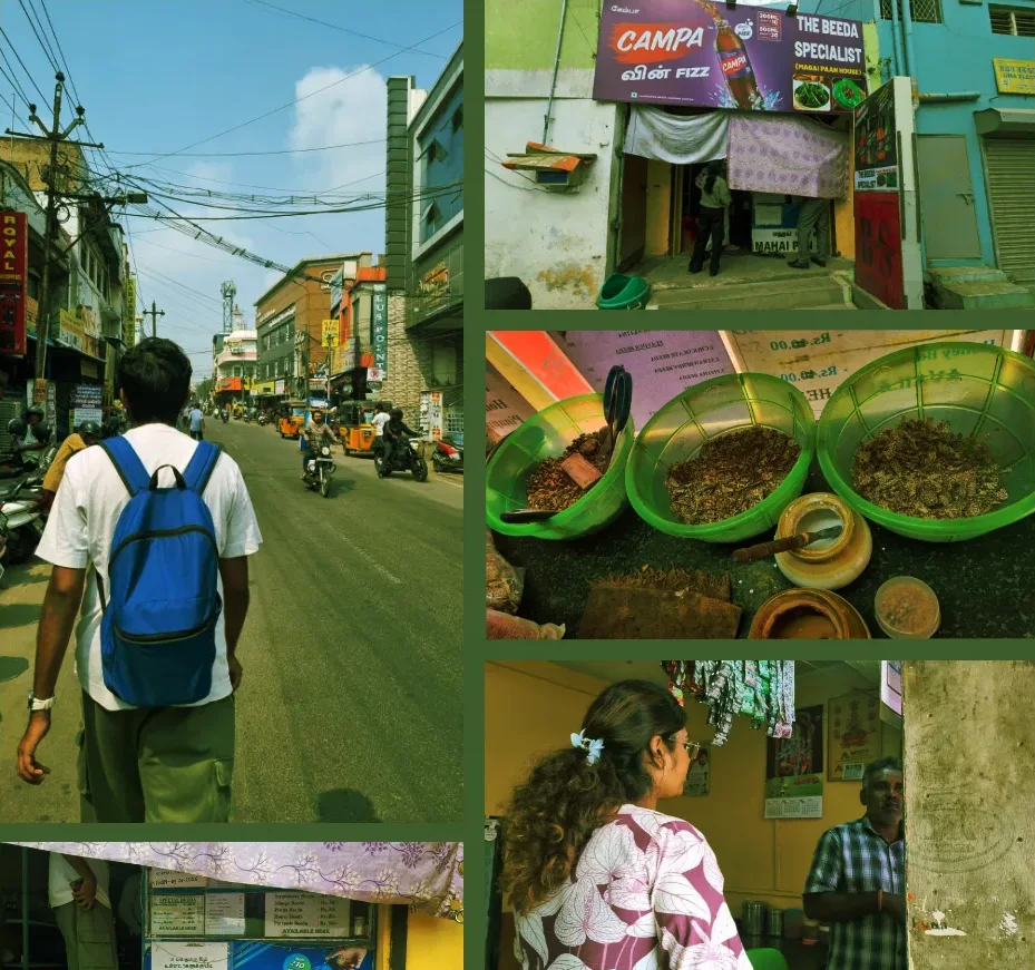 Research photos: walking the market street, The Beeda Specialist's shop front, bowls of beeda fillings, and talking to the shopkeeper