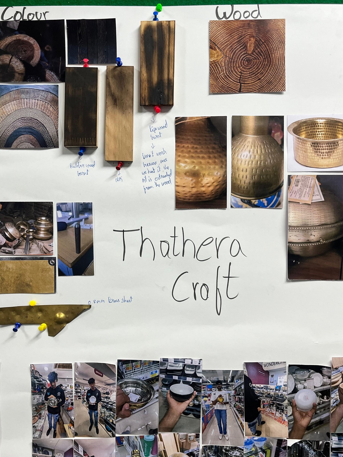 Moodboard: burnt wood samples, tree-ring cross sections, hammered brass vessels, a 0.8 mm brass sheet, and store visits comparing tableware