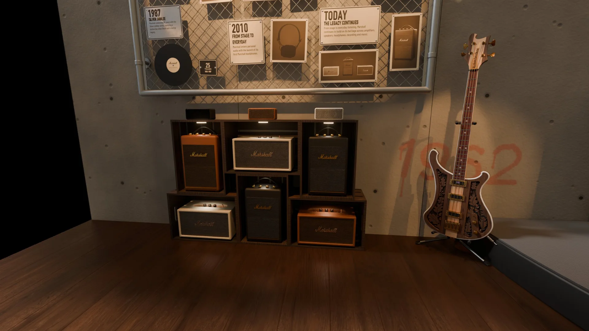 Marshall speakers in black, brown and cream set in stained pine crates, with the bass on its stand