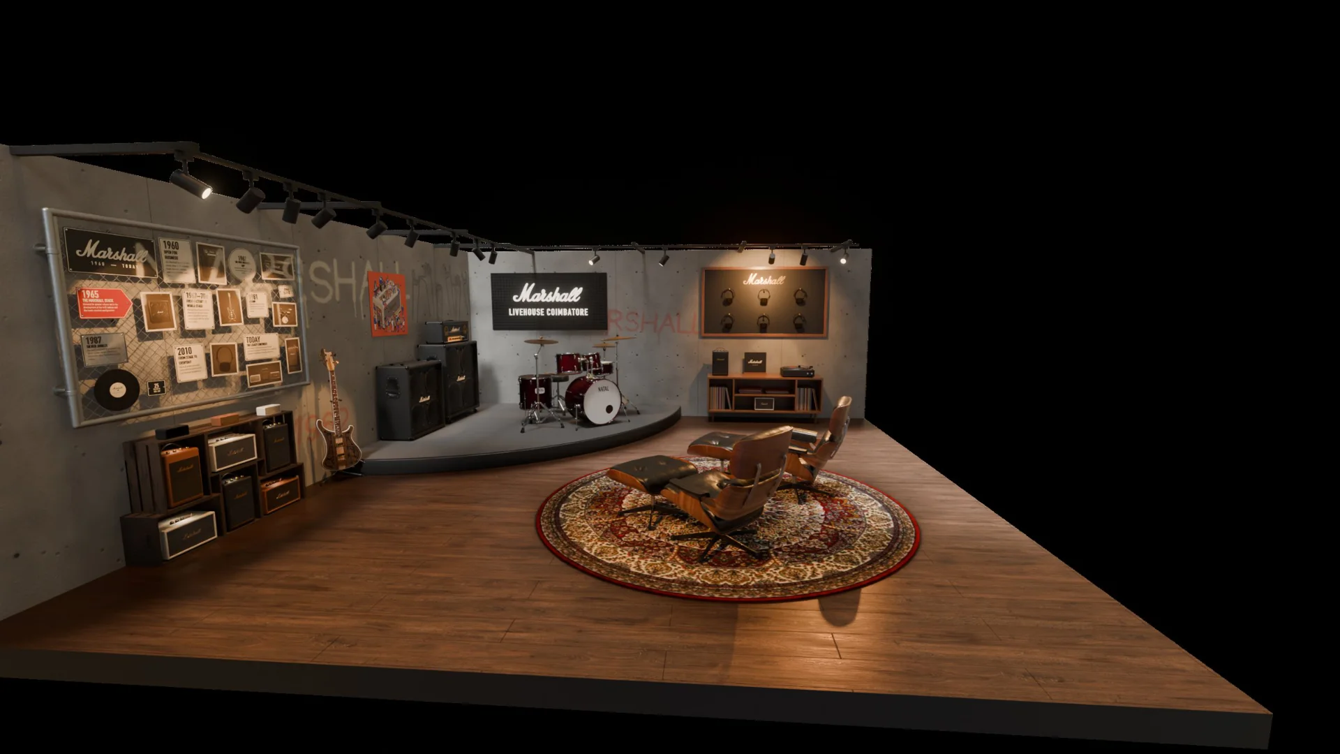 The whole store from the entrance: history wall, stage and sign, headphone wall and the lounge chairs on the rug