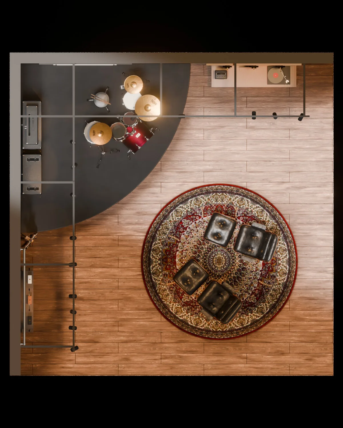 Top-down view of the store: the quarter-circle stage in the corner, the rug with two lounge chairs, the walls with their fixtures