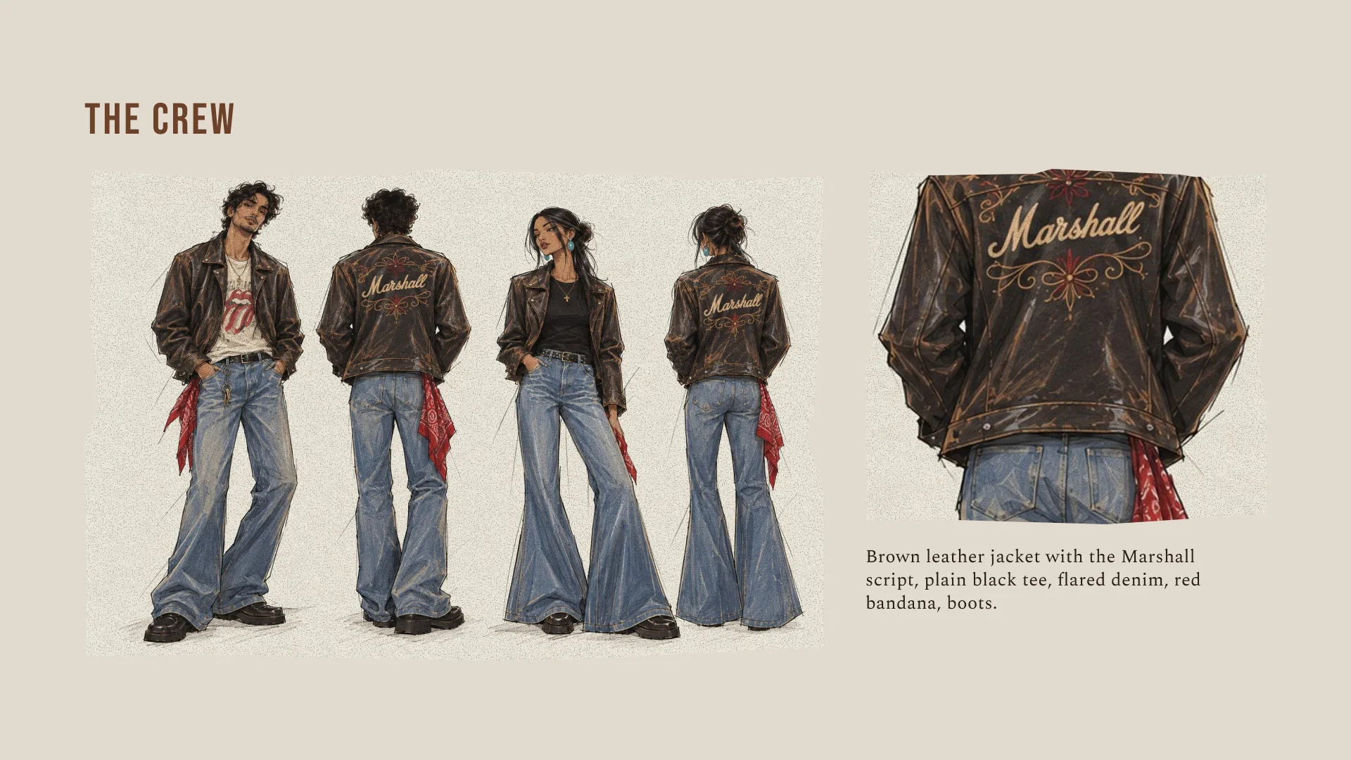 Illustrations of the crew uniform from front and back: a brown leather jacket with the Marshall script, black tee, flared denim and a red bandana