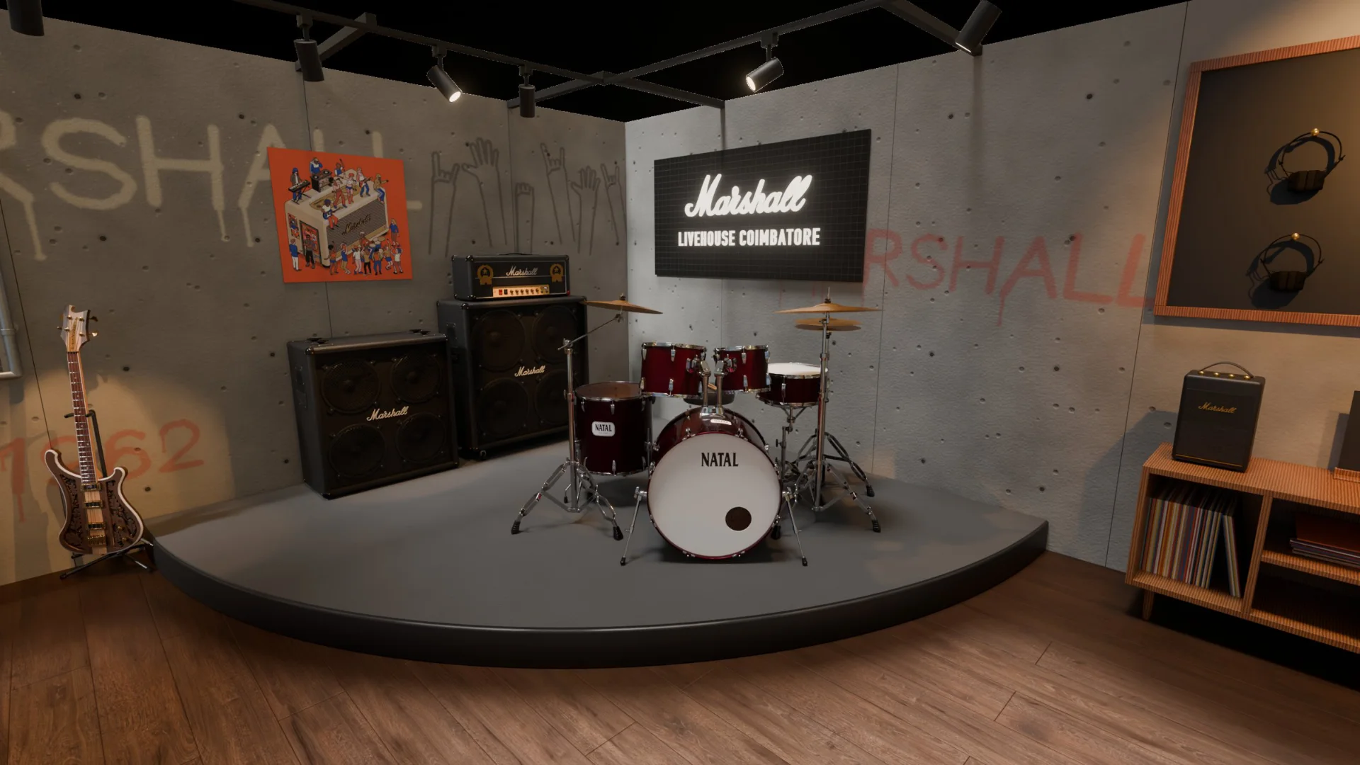 Render of the Marshall Livehouse stage: a red Natal drum kit on a quarter-circle stage, Marshall amp stacks, the lit Marshall Livehouse Coimbatore sign and crowd-hands graffiti on concrete walls