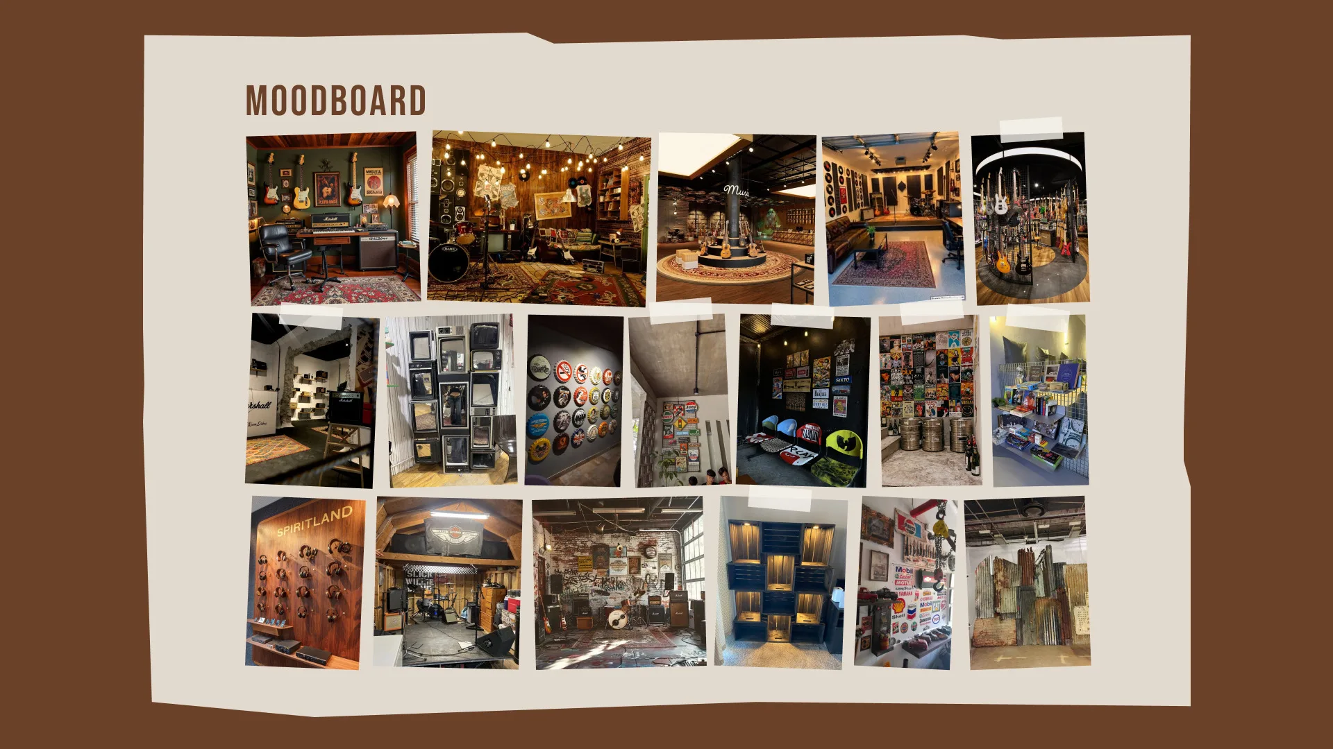 Moodboard of music venues, record stores and retail interiors