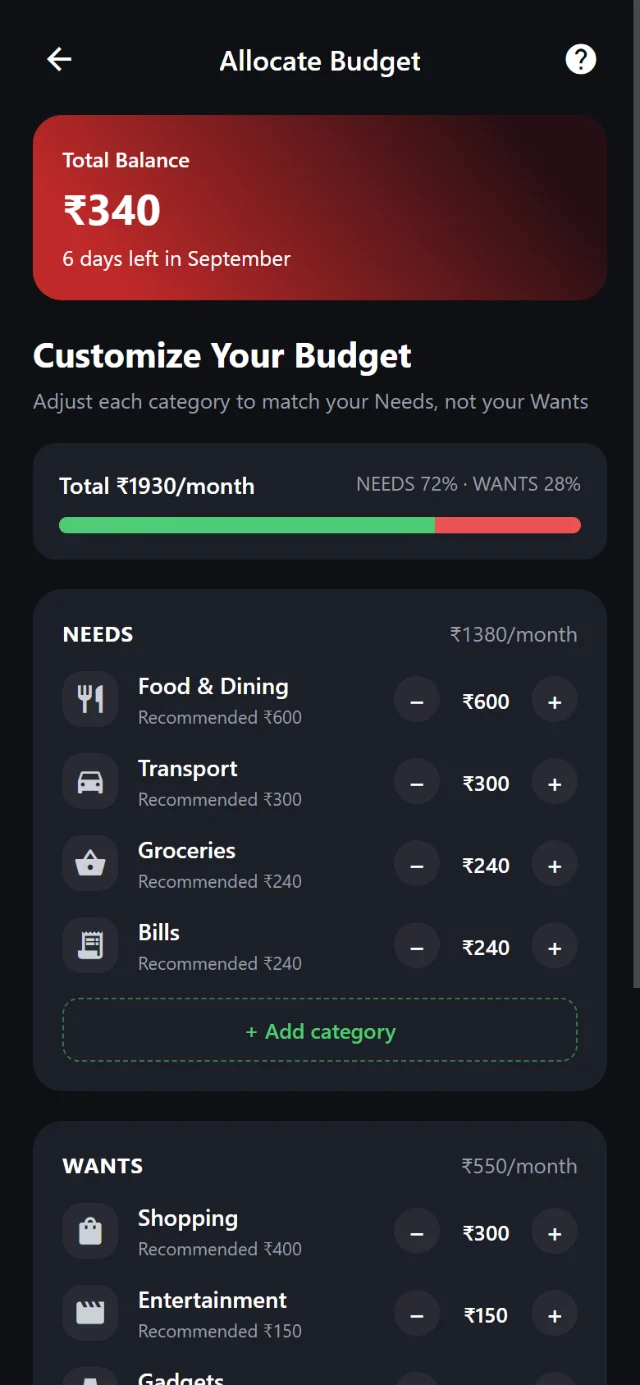Allocate budget: Needs and Wants categories with plus and minus controls