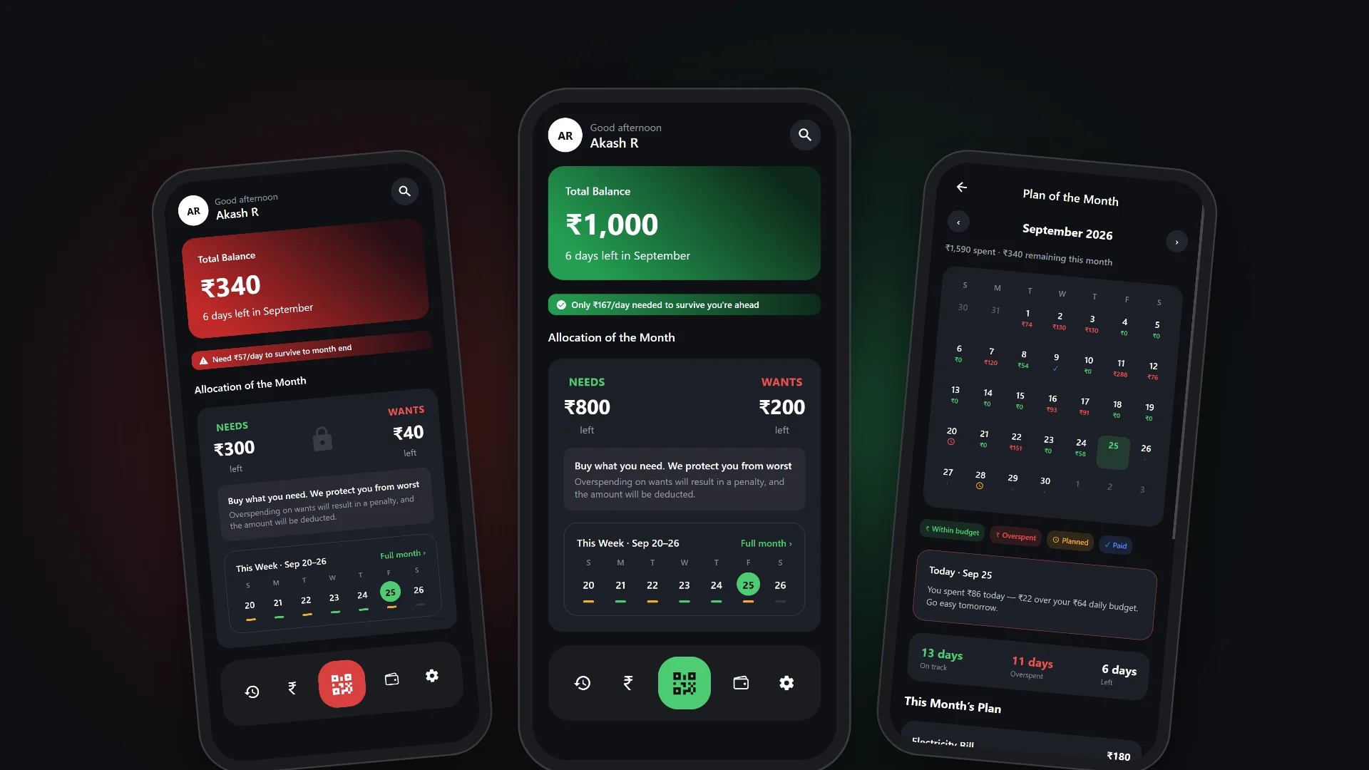 Three phones showing Pause Pay: the home screen in red with a low balance, the same screen in green with a healthy balance, and the month's plan calendar with green and red days