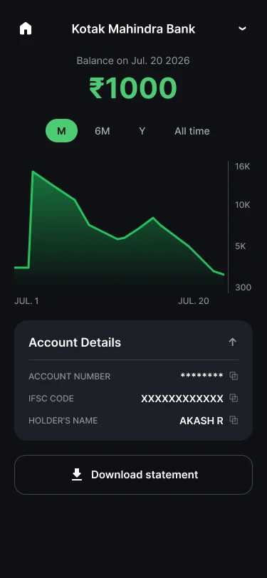 Account screen in green: the balance chart at 1,000 rupees
