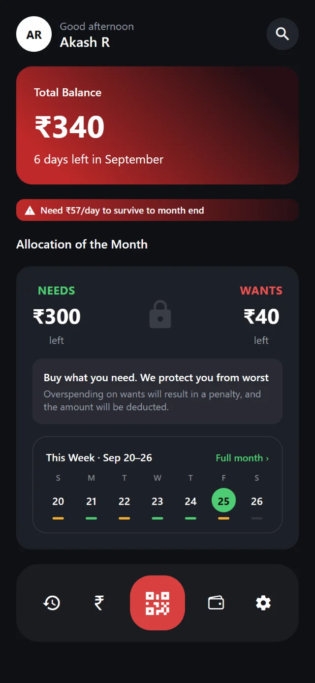 Home screen: total balance, Needs and Wants left with a lock between them, and this week's spending