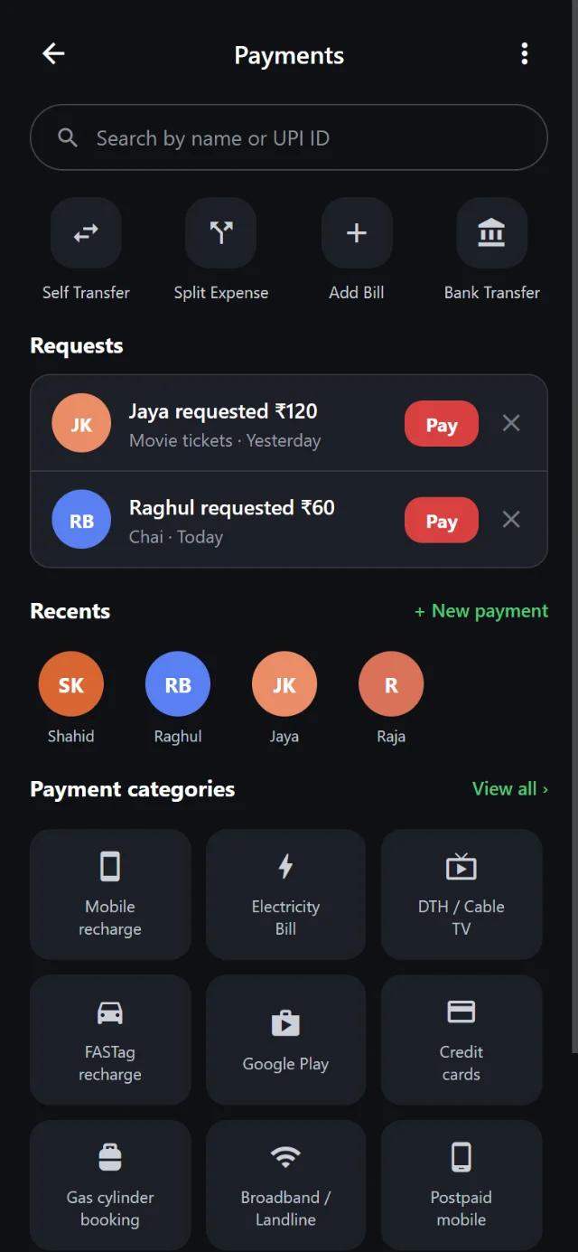 Payments: money requests from friends, recent contacts and bill categories
