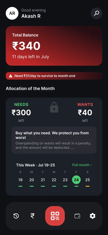 Pause Pay home screen in the red low-balance state: 340 rupees left, with a warning of how much is needed per day to survive to month end
