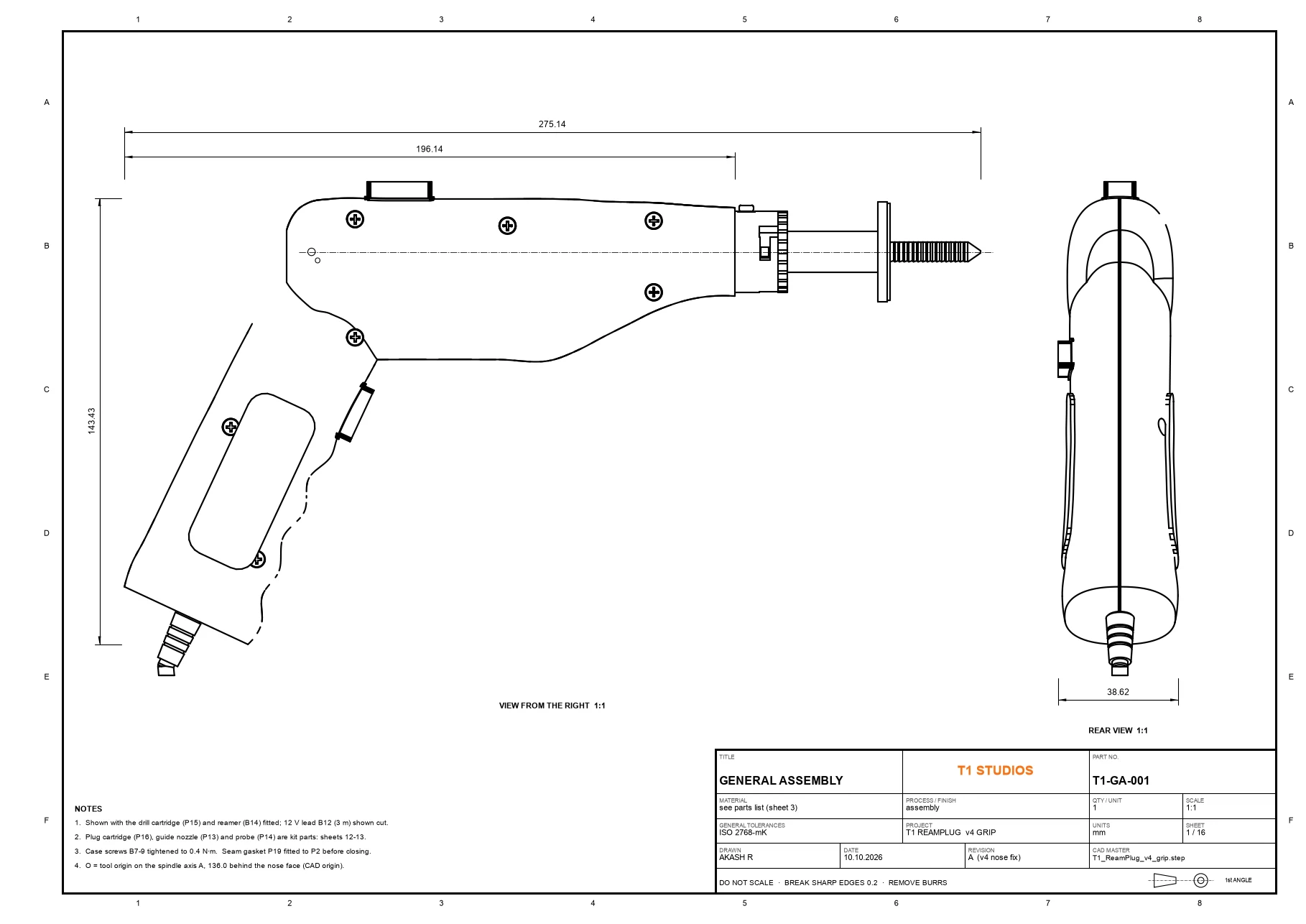 Technical drawing T1-GA-001, general assembly: side and rear views with overall dimensions and title block