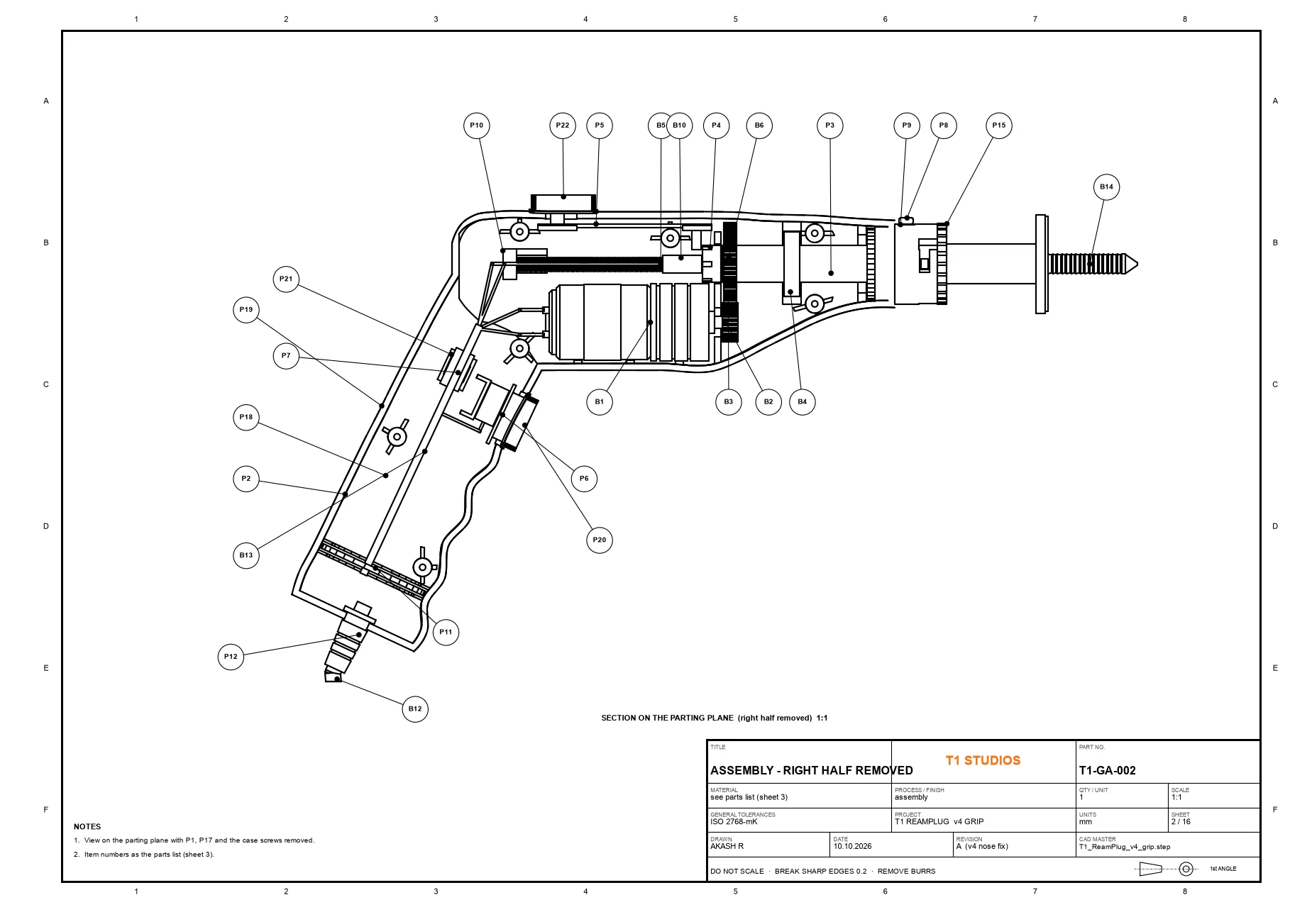 Technical drawing T1-GA-002: section on the parting plane with every part ballooned