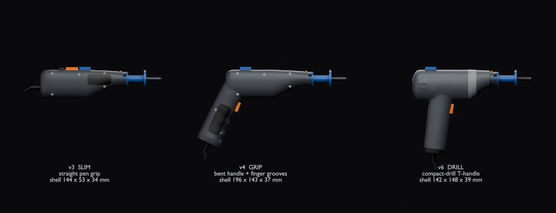 The three CAD forms side by side: v3 slim pen grip, v4 bent grip with finger grooves, v6 compact drill with a T-handle
