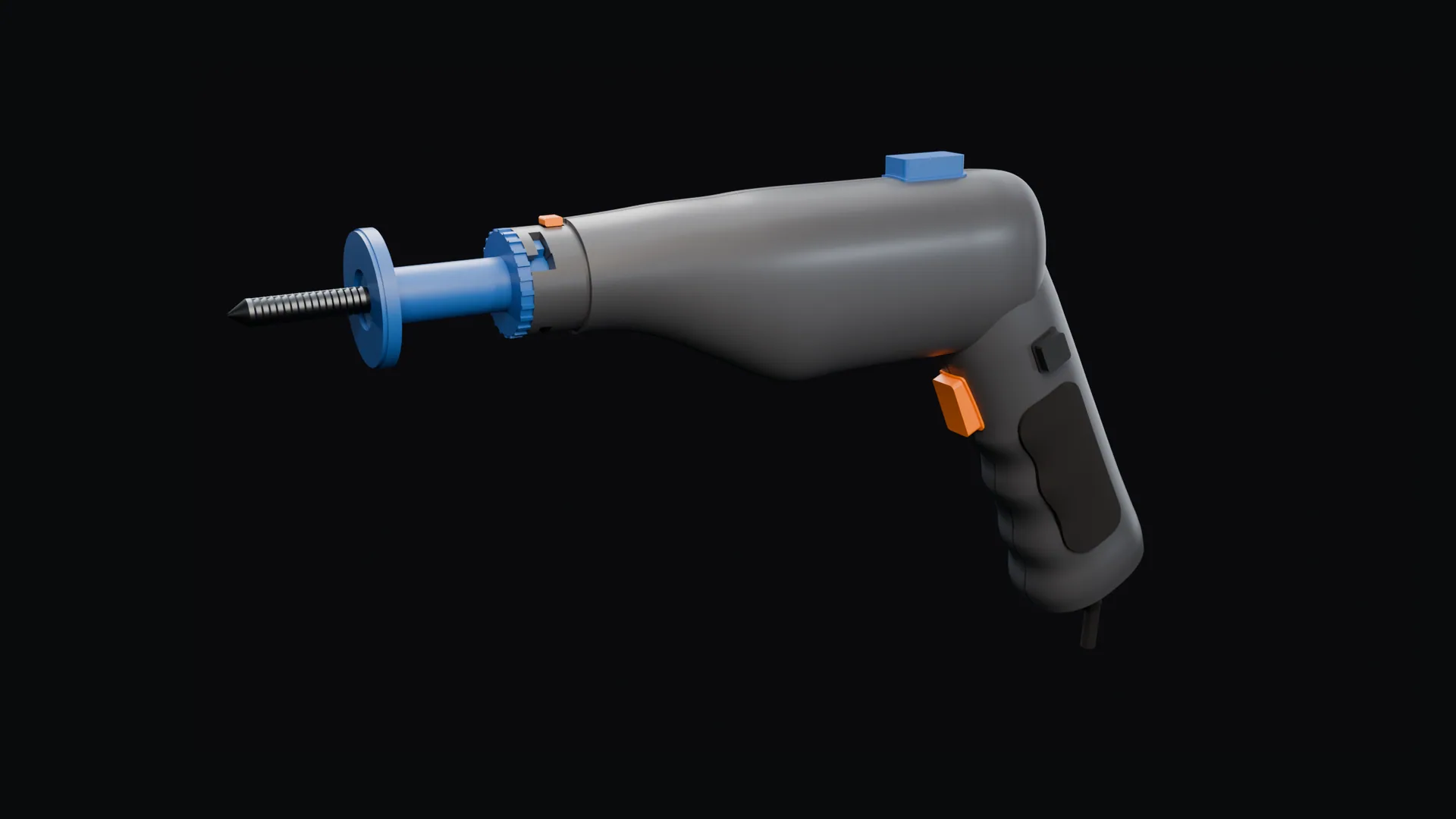 Render of ReamPlug: a grey pistol-grip tool with a blue drill cartridge and reamer on its nose, an orange trigger, a blue selector on top and black finger pads