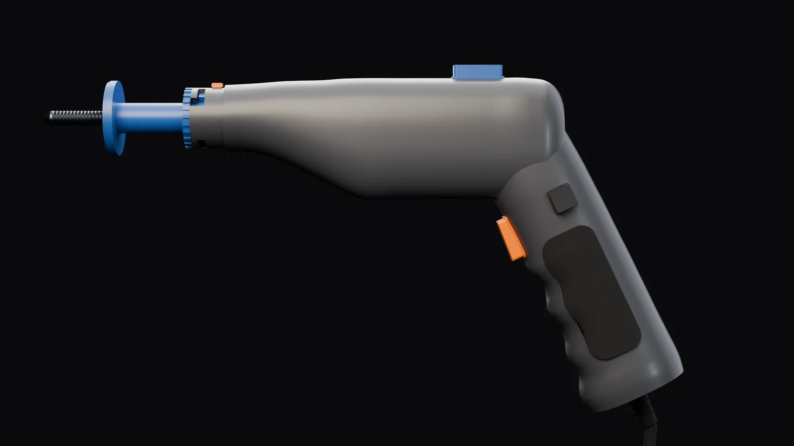 Side view of the tool: the handle meeting the barrel at an angle, raked back
