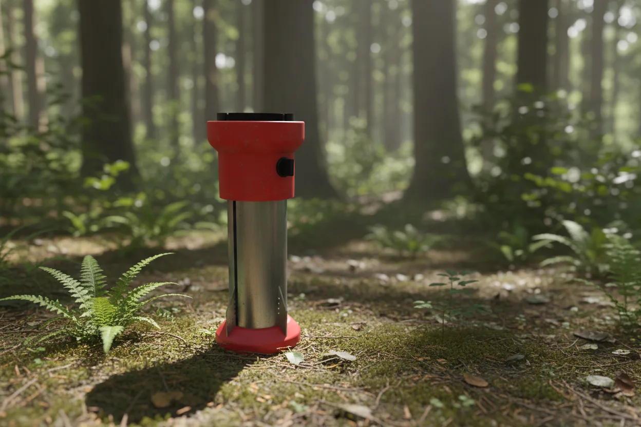 Render of the camping stove standing on a forest floor among trees