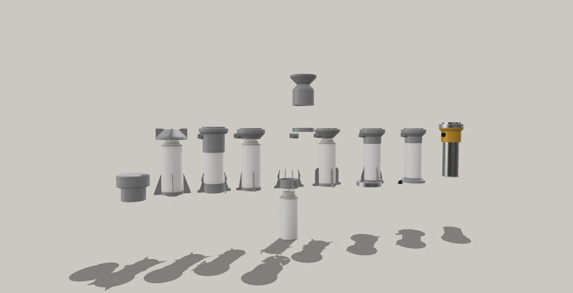 Render of all the stove's parts lined up side by side