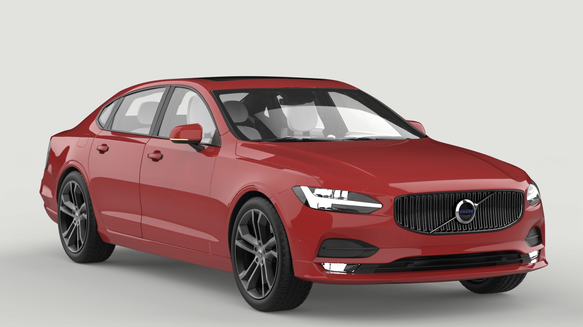 Studio render of a red Volvo S90 from the front three-quarter view